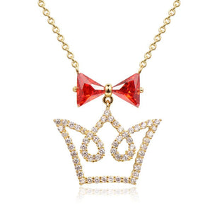Red Cubic Zirconia Bowknot Crown Pendant Necklace -KFJN0293 - KHAISTA4