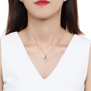 Red Cubic Zirconia Cross Pearl Pendant Necklace KPN0277 - KHAISTA Fashion Jewellery