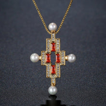 Load image into Gallery viewer, Red Cubic Zirconia Cross Pearl Pendant Necklace KPN0277 - KHAISTA Fashion Jewellery
