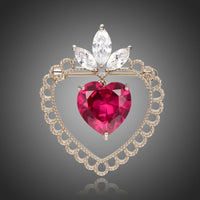 Khaista red cubic zirconia double heart brooch on white background