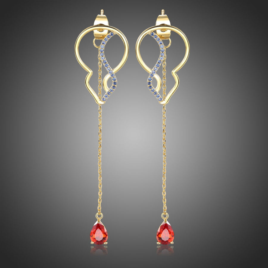KHAISTA red CZ long drop earrings on white background