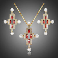 Khaista red CZ pearl cross bridal necklace earrings set