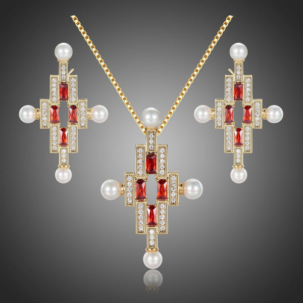 Khaista red CZ pearl cross bridal necklace earrings set