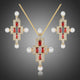Red CZ and Pearl Cross Bridal Necklace and Earrings Set