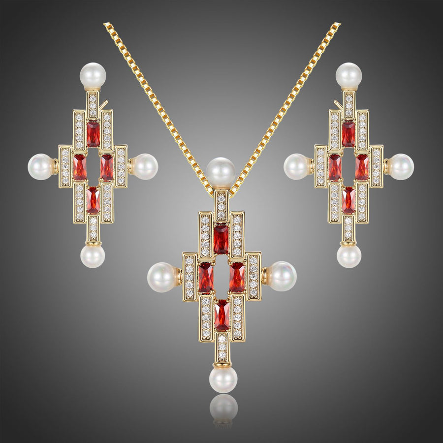 Khaista red CZ pearl cross bridal necklace earrings set