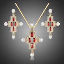 Load image into Gallery viewer, Red Cubic Zirconia Pearl Cross Necklace Earrings Bridal Jewelry Set - KHAISTA Fashion Jewellery
