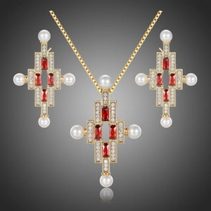 Red Cubic Zirconia Pearl Cross Necklace Earrings Bridal Jewelry Set - KHAISTA Fashion Jewellery