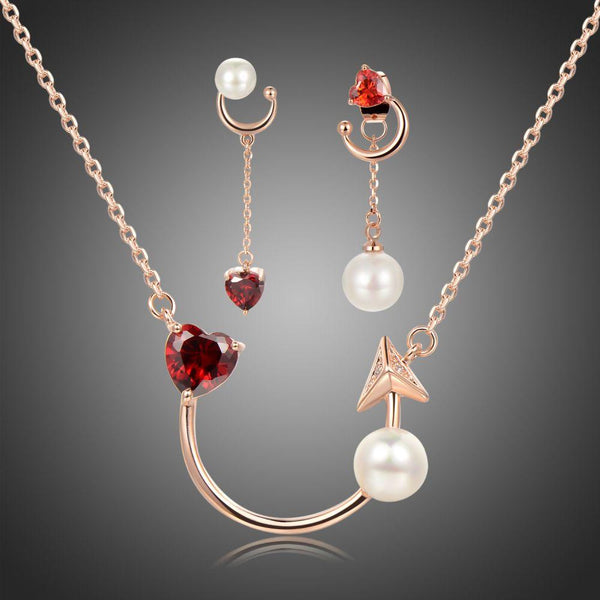 Khaista red zirconia heart jewellery set on white background