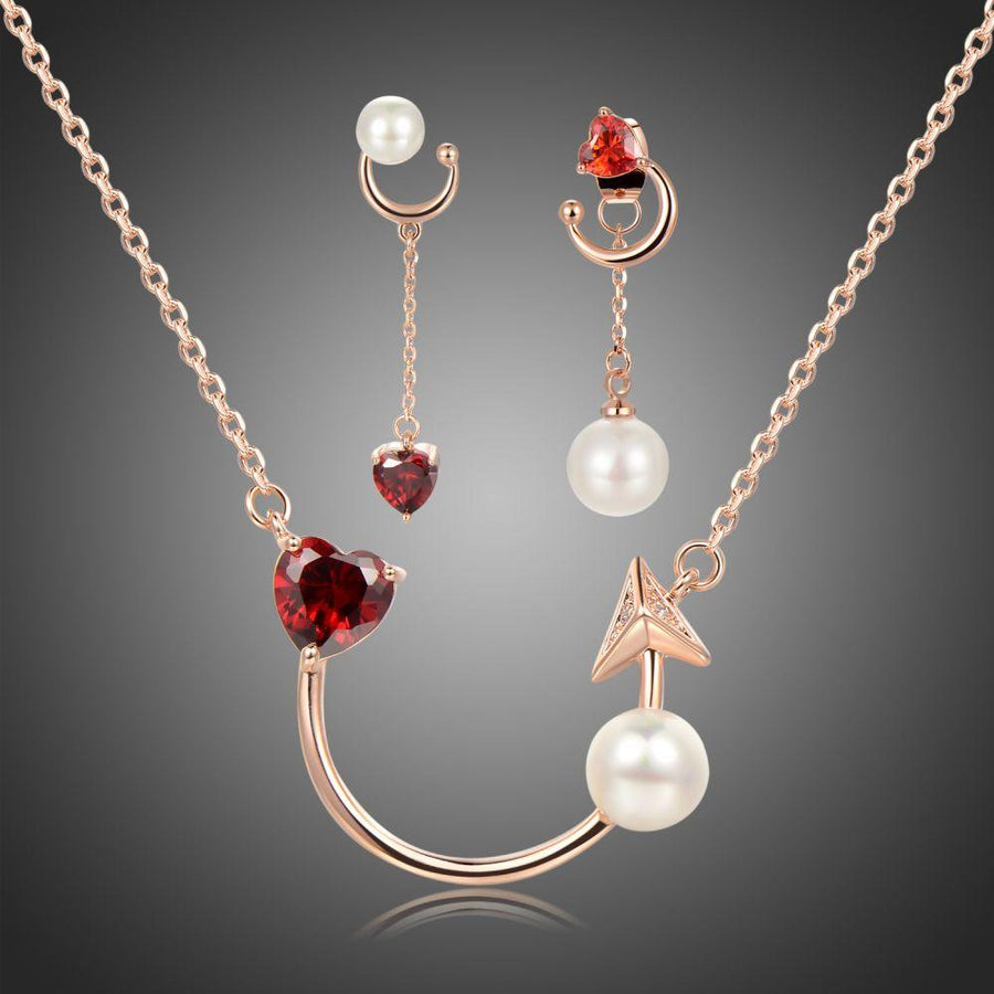 Khaista red zirconia heart jewellery set on white background