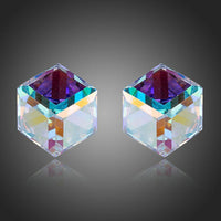 Close up of KHAISTA retro crystal cube stud earrings