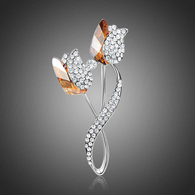 Rhinestone Champagne Austrian Crystal Double Lotus Brooch - KHAISTA Fashion Jewellery