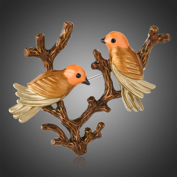 Khaista oil paint two birds on tree vintage brooch on white background