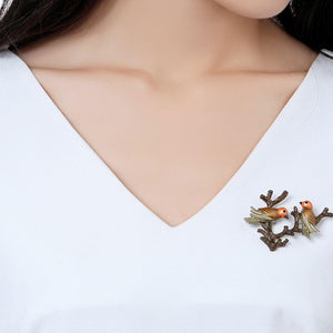 Roast Paint Two Bird On Tree Vintage Brooch Pin - KHAISTA Fashion Jewellery
