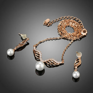 Rose Gold Angel Wings and Simulated Pearl Necklace and Earrings Set - KHAISTA Fashion Jewellery