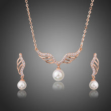 Load image into Gallery viewer, Rose Gold Angel Wings and Simulated Pearl Necklace and Earrings Set - KHAISTA Fashion Jewellery
