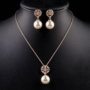 Rose Gold Color Austria Crystal Paved & Simulated Pearl Jewelry Set - KHAISTA Fashion Jewellery