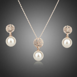 Rose Gold Color Austria Crystal Paved & Simulated Pearl Jewelry Set - KHAISTA Fashion Jewellery