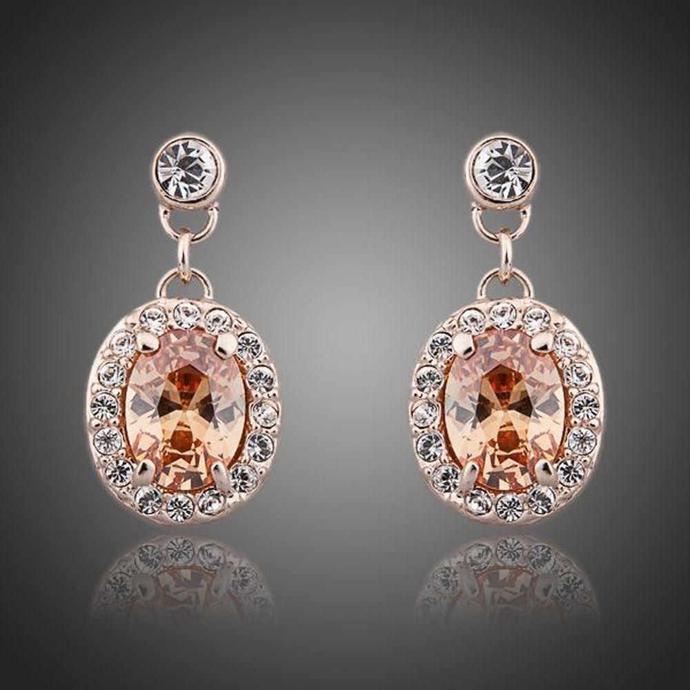 Rose Gold Color Orange Crystal Round Drop Earrings - KHAISTA Fashion Jewellery