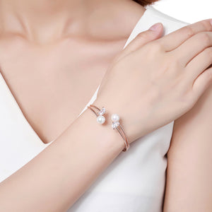 Rose Gold Pearl Adjustable Bangle -KBQ0106 - KHAISTA Fashion Jewelry