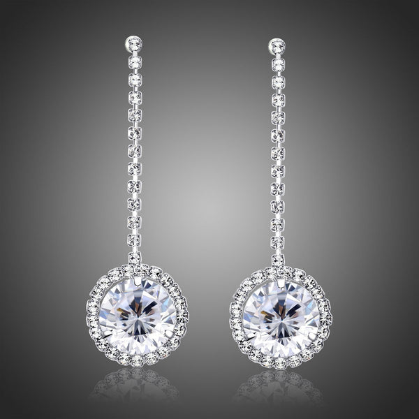 KHAISTA round AAA CZ drop earrings on white background