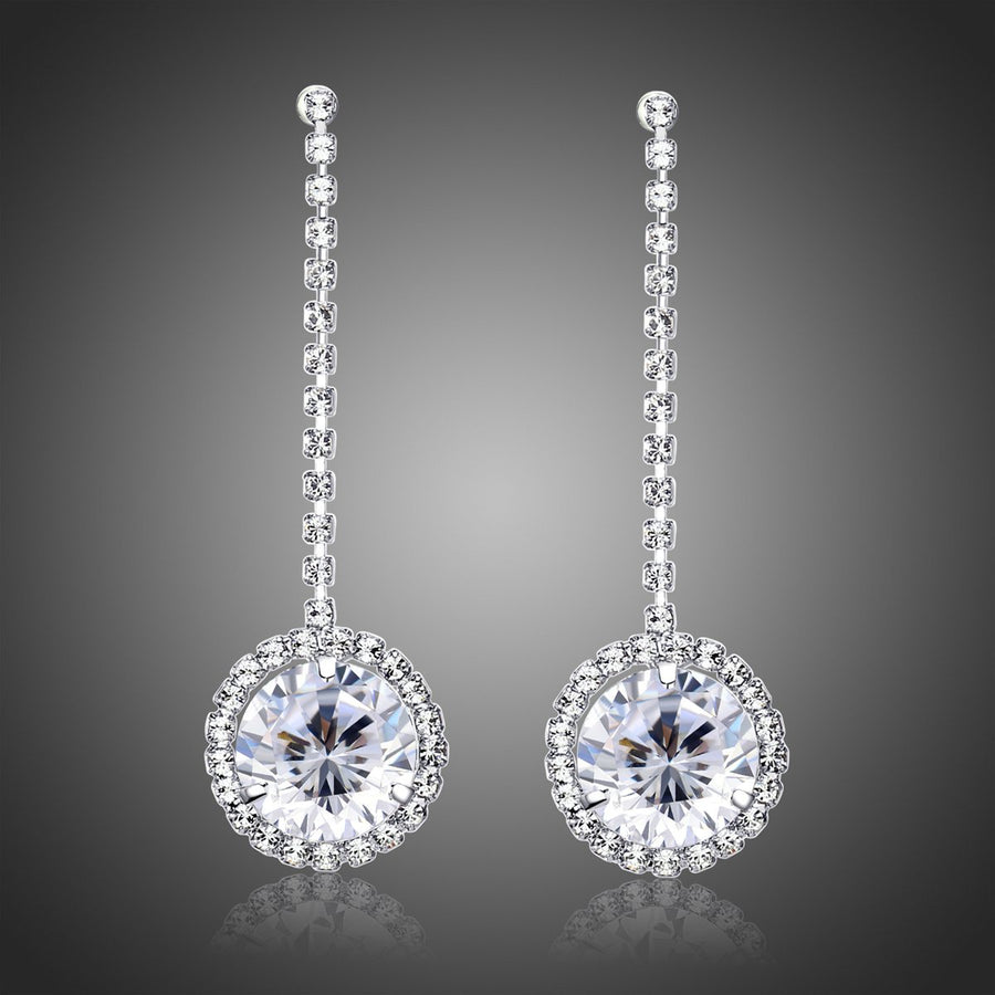 KHAISTA round AAA CZ drop earrings on white background