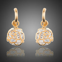 KHAISTA round cage CZ dangle drop earrings on white background