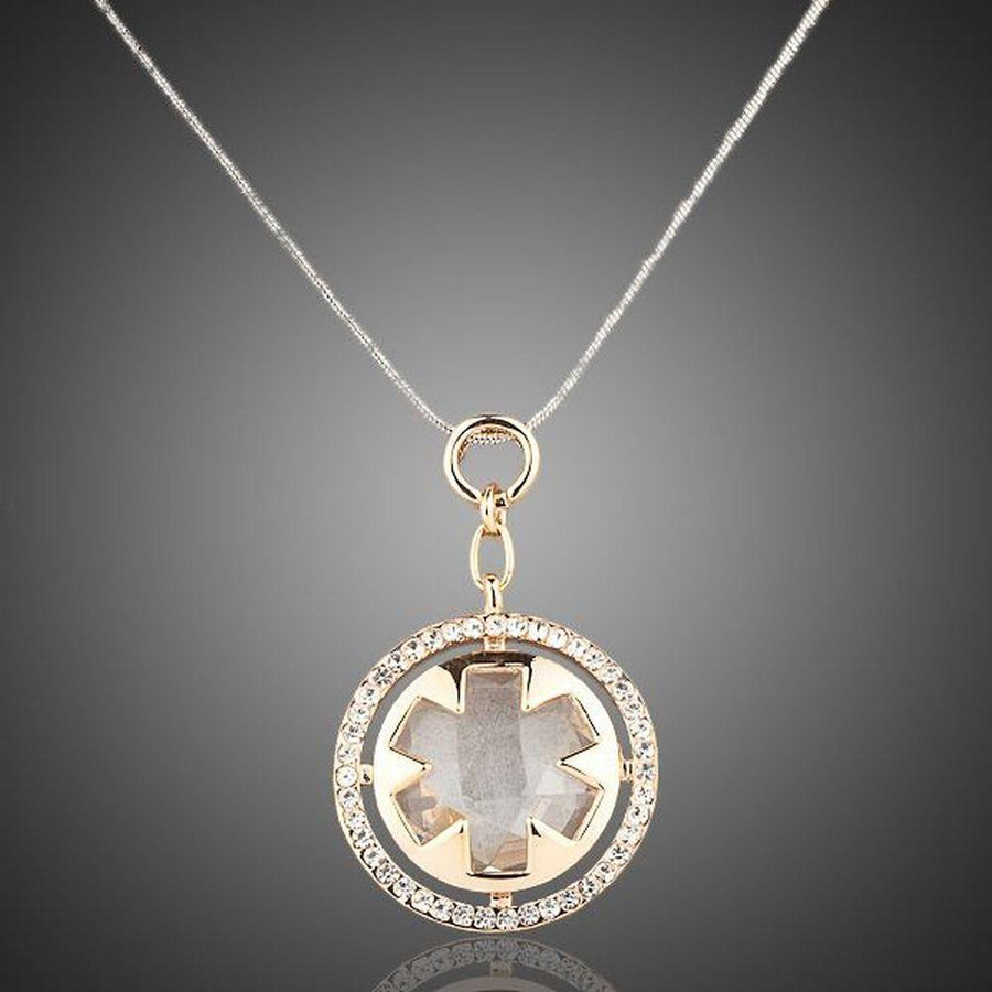 KHAISTA round circle crystal pendant necklace on white background