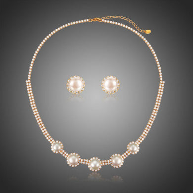 Round Clear Cubic Zirconia Luxury Women Wedding Pearl Flower Jewelry Set - KHAISTA Fashion Jewellery