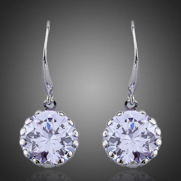 KHAISTA round CZ drop earrings on white background