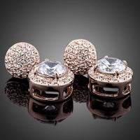 Close up of KHAISTA round CZ rhinestone drop earrings