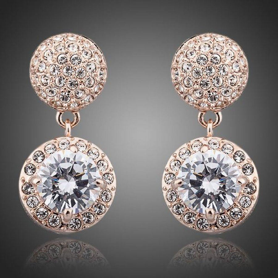 KHAISTA round CZ rhinestone drop earrings on white background