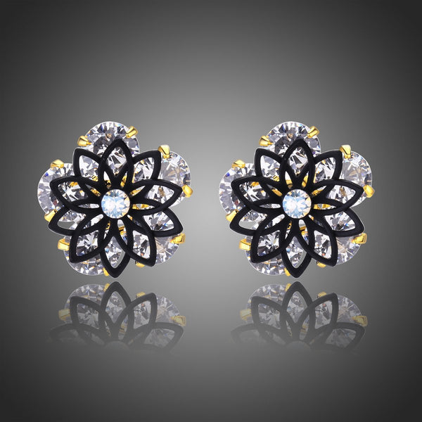 KHAISTA round cut crystal stud earrings on white background