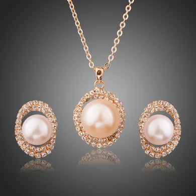 Round Pearl with Cubic Zirconia Pendant Necklace & Drop Earrings Set - KHAISTA Fashion Jewellery