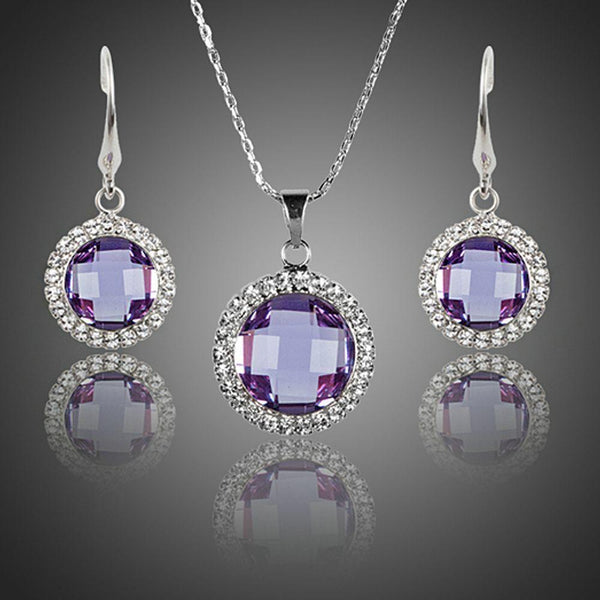 KHAISTA round purple crystal drop earrings pendant necklace set