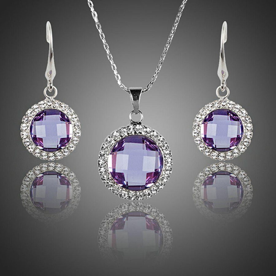KHAISTA round purple crystal drop earrings pendant necklace set