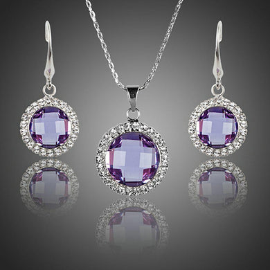 Round Purple Crystal Drop Earrings and Pendant Necklace Set - KHAISTA Fashion Jewellery