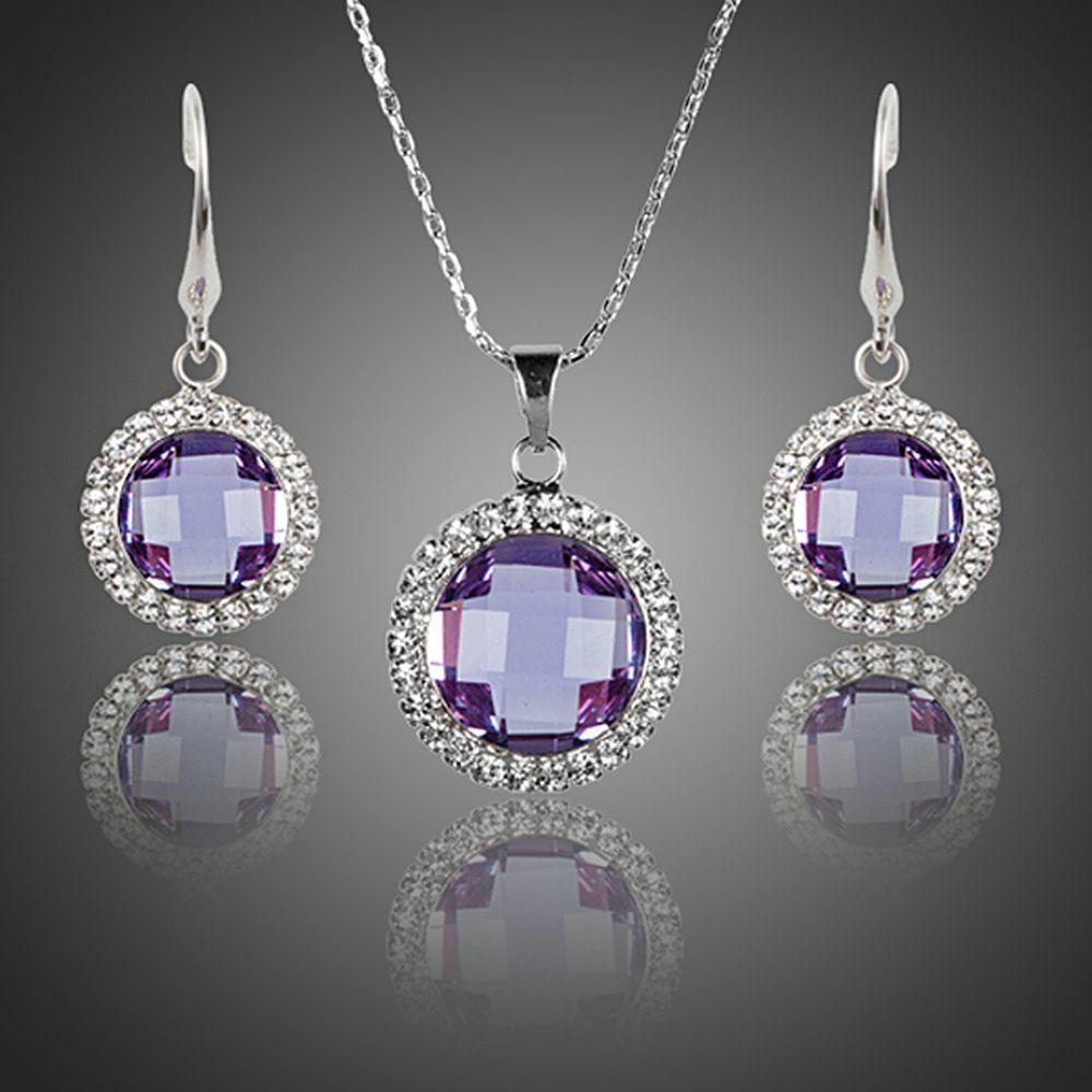 Round Purple Crystal Drop Earrings and Pendant Necklace Set - KHAISTA Fashion Jewellery