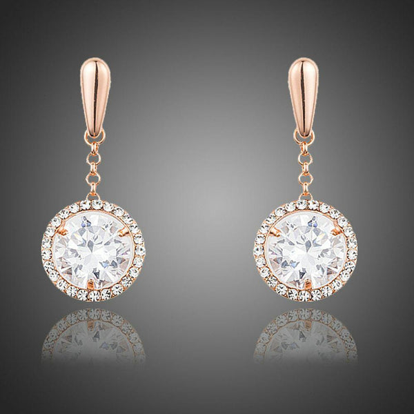 KHAISTA round CZ drop earrings on white background