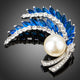 Royal Blue Leaf Rhinestone and Pearl Brooch