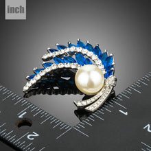 Load image into Gallery viewer, Royal Blue Leaves Clear Rhinestone Cubic Zirconia Stimulated Pearl Fashion Brooch - KHAISTA Fashion Jewellery
