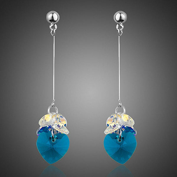Khaista SeaBlue Rhinestone Heart Drop Earrings on white background
