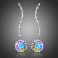KHAISTA shiny arc long dangle drop earrings on white background