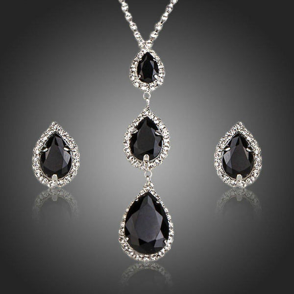 Khaista shiny black waterdrop stud earrings necklace set