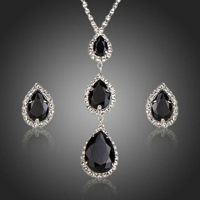 Shiny Black Water drop Stud Earrings Necklace Set - KHAISTA Fashion Jewellery