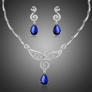 Silver Pear Cut Blue Zirconia Rhinestone Jewelry Set - KHAISTA Fashion Jewellery