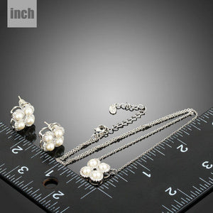 Silver Tone Simulated Pearls with Stellux Austrian Clover Stud Earrings and Necklace Set - KHAISTA Fashion Jewellery