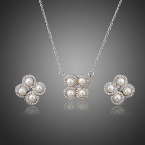Silver Tone Simulated Pearls with Stellux Austrian Clover Stud Earrings and Necklace Set - KHAISTA Fashion Jewellery