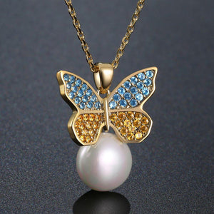 Sitting Golden Butterfly On Snow Pearl Necklace Pendant - KHAISTA Fashion Jewellery