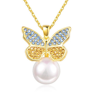 Sitting Golden Butterfly On Snow Pearl Necklace Pendant - KHAISTA Fashion Jewellery