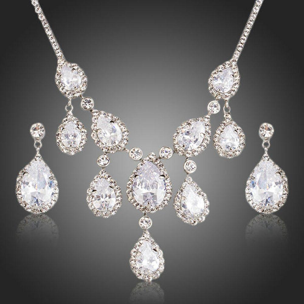 Snow White Waterdrop Pendant Necklace + Drop Earrings Set - KHAISTA Fashion Jewellery